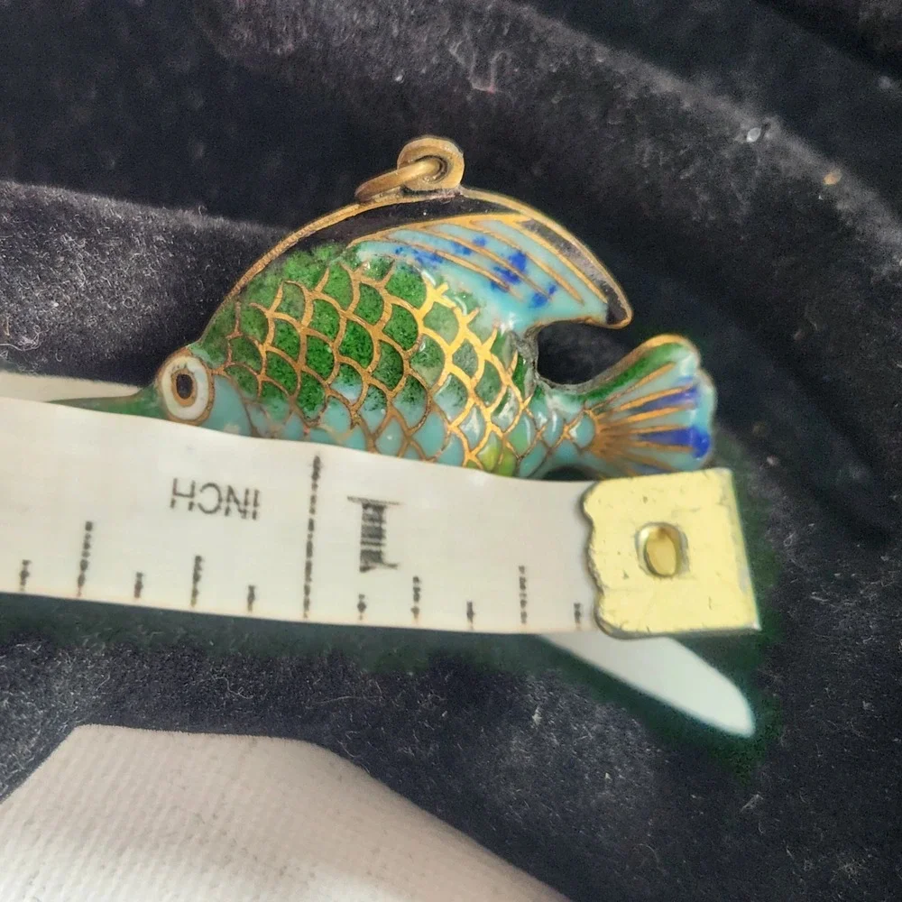 Vintage‎ Cloisonne Enamel Fish Pendant Blue Green Tropical Charm Double Sided